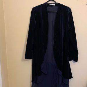 R. Vivimos: Long Blue Velvet Ruffle Blazer